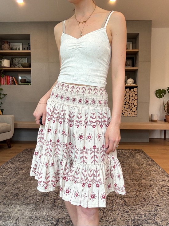 Vintage Dresses & Skirts - Vintage cotton and linen Tiered cream and red mini skirt xs to small